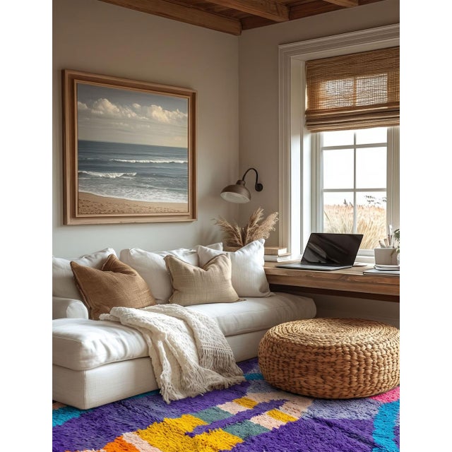 Contemporary Moroccan Rug | Handwoven Berber Wool Rug with Purple Field and Symmetrical Totem Motif This vivid...