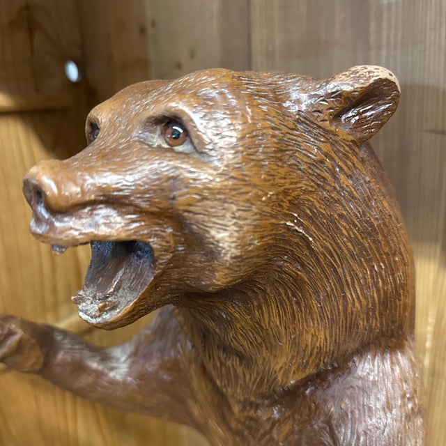 Heavy Black Forest standing bear. 20” x 14” x 14” He is a cast composite resin -I. Dark wood finish.