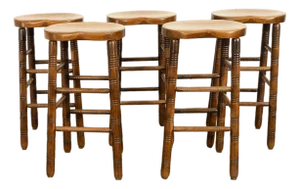 Antique Set of Five Antique Arts & Crafts Turned Elm Bar Sadle Seat Stools 1900