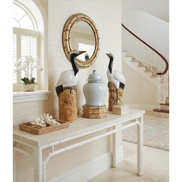 Pair of Vintage Asian Glazed Ceramic Red-Crowned Crane Statues For Sale - Image 10 of 12
