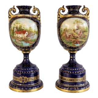 Pair of Antique Vienna Style Cobalt Blue & Gilt Porcelain Pedestal Urns, Circa 1900 For Sale