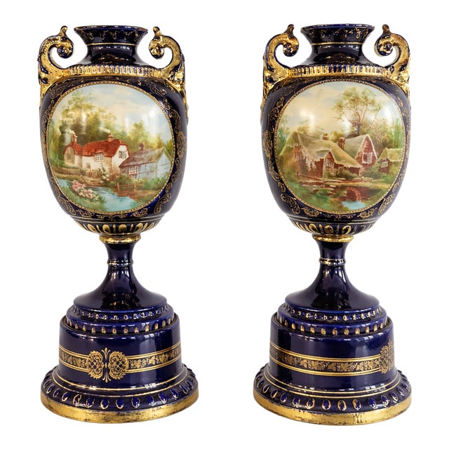 Pair of Antique Vienna Style Cobalt Blue & Gilt Porcelain Pedestal Urns, Circa 1900 For Sale