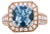 18K Rose Gold 10x10mm Cushion Shaped Aquamarine and 1 1/8 Cttw Round Diamond Halo Ring (F-G Color, VS1-VS2 Clarity) - Ring Size 6.5 For Sale