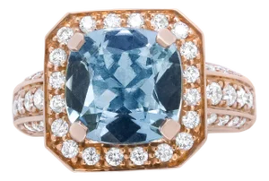 18K Rose Gold 10x10mm Cushion Shaped Aquamarine and 1 1/8 Cttw Round Diamond Halo Ring (F-G Color, VS1-VS2 Clarity) - Ring Size 6.5