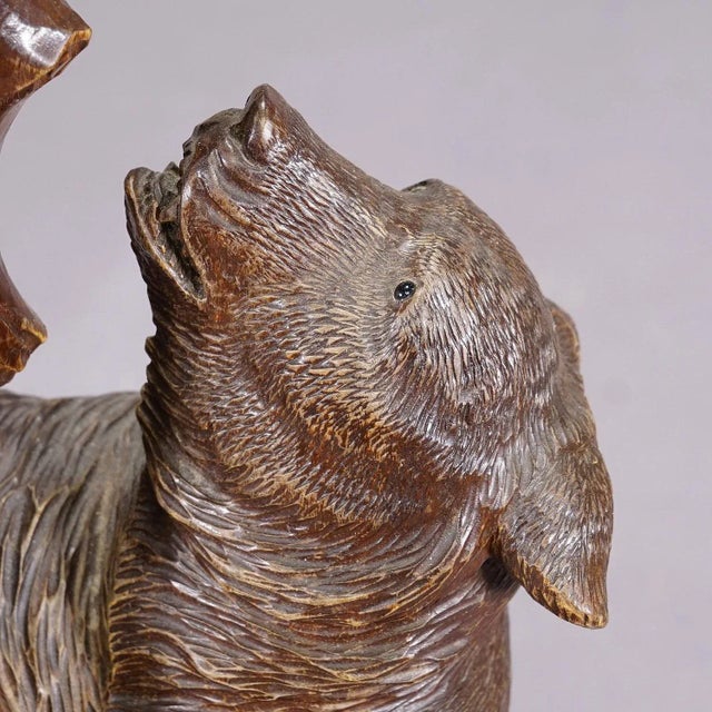 A Wooden Carved Black Forest Bear With Glass Vase Ca. 1900s For Sale - Image 4 of 10