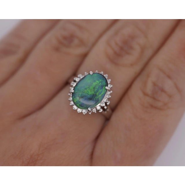 Black 1990s 2.78 Carat Black Opal and Diamond Halo Platinum Filigree Ring Size 6 For Sale - Image 8 of 9