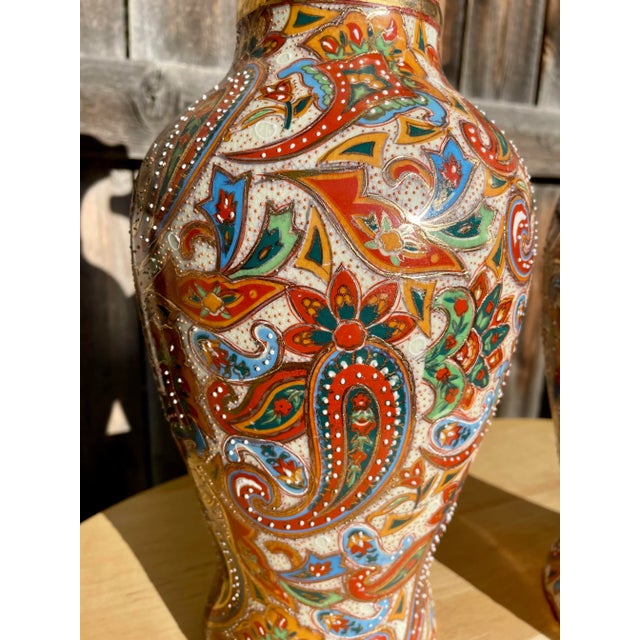 Pair of Early 20th Century Asian Hand Paisley Painted Vases For Sale - Image 6 of 12