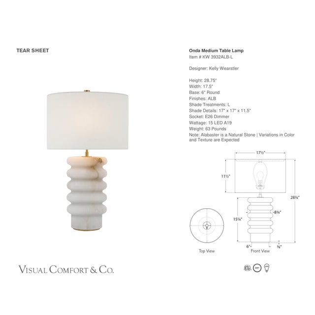 Kelly Wearstler by Visual Comfort Signature Onda Medium Table Lamp in Alabaster with Linen Shade Designer: Kelly Wearstler...