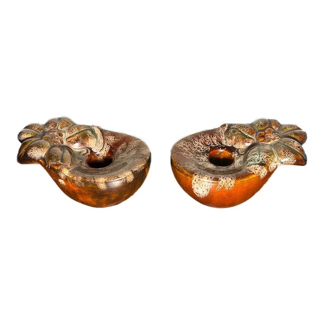 Vintage 1960’s American Mid Century Modern Brown Ceramic Drip Glaze Flower Bowl Form Votive Candle Holders - A Pair For Sale