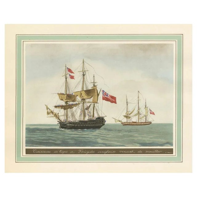 The image on this original antique print depicts two naval vessels, with the foremost being a larger ship of the line...