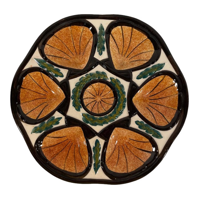 Vintage 1950s French Saint Jean De Bretagne Majolica Oyster Plate For Sale