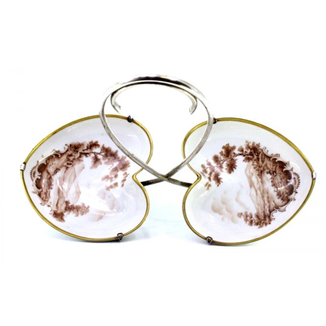 Silver and Porcelain Spice Rack with Painted Country Motifs, in Very Good conditions. Designed 1890 to 1919 This piece has...