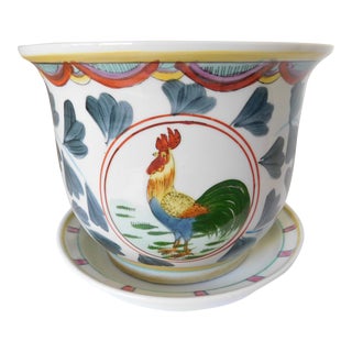 1980's Italian Ceramic Rooster and Leaf Planter With Saucer For Sale