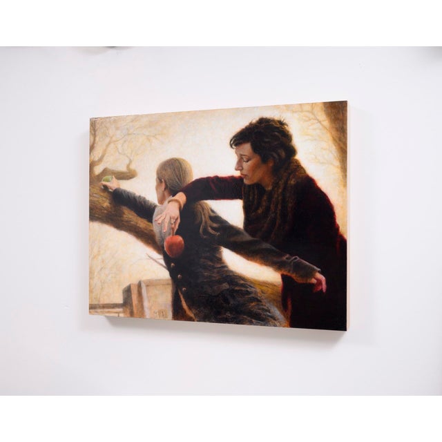 This artwork depicts two figures engaged in a moment of tension and connection, as one woman reaches for an apple while...