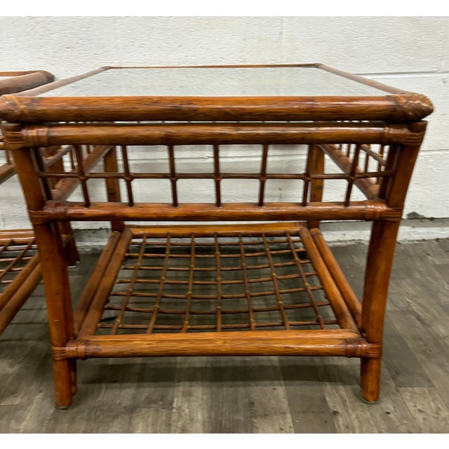 Vintage MCM Style Organic Rattan and Glass Lattice Side Tables End Tables - Pair For Sale - Image 9 of 11