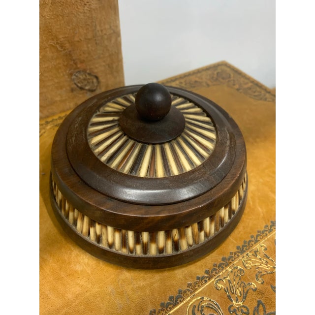 Round Lidded Porcupine Quill Box. Wood is probably either Olive Wood or Walnut.