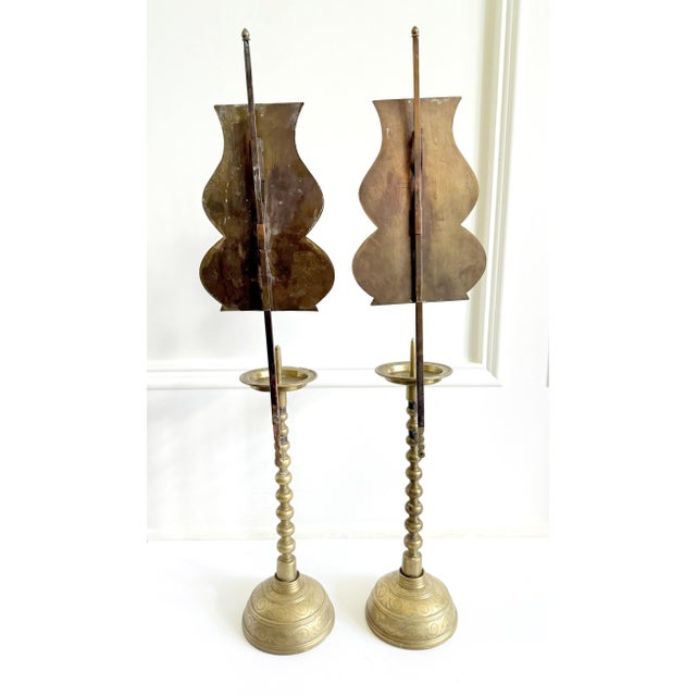 Traditional Pair of Antique Korean Brass Candlesticks with Reflector Shields For Sale - Image 3 of 13