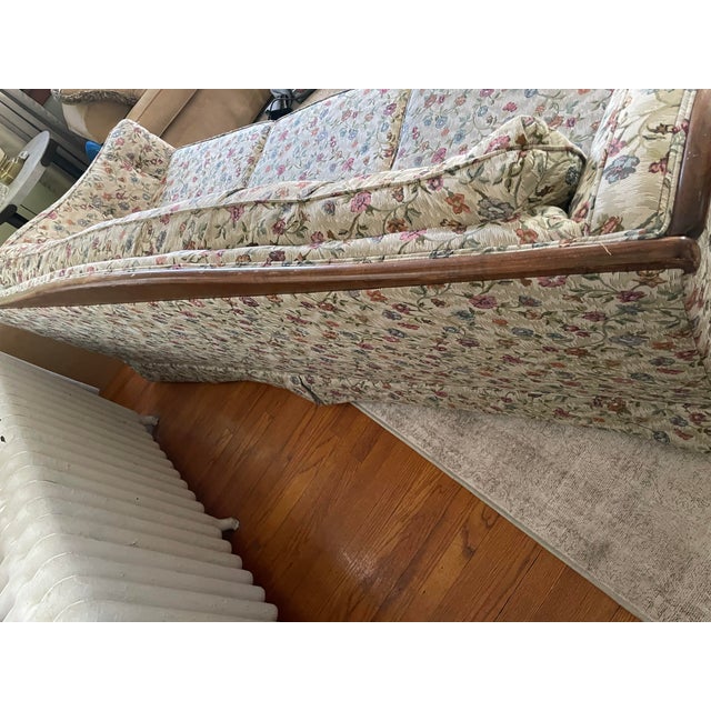 Vintage Traditional Floral Sofa With Exposed Wood Frame – Reupholstered For Sale - Image 4 of 12