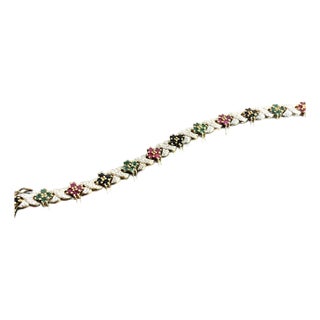 Gold-Tone Sterling Silver Tennis Bracelet W/ Diamonds, Rubies & Emera For Sale