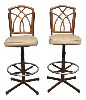 Vintage Mid Century Modern Bamboo & Metal Swivel Barstools Bar Stools - a Pair