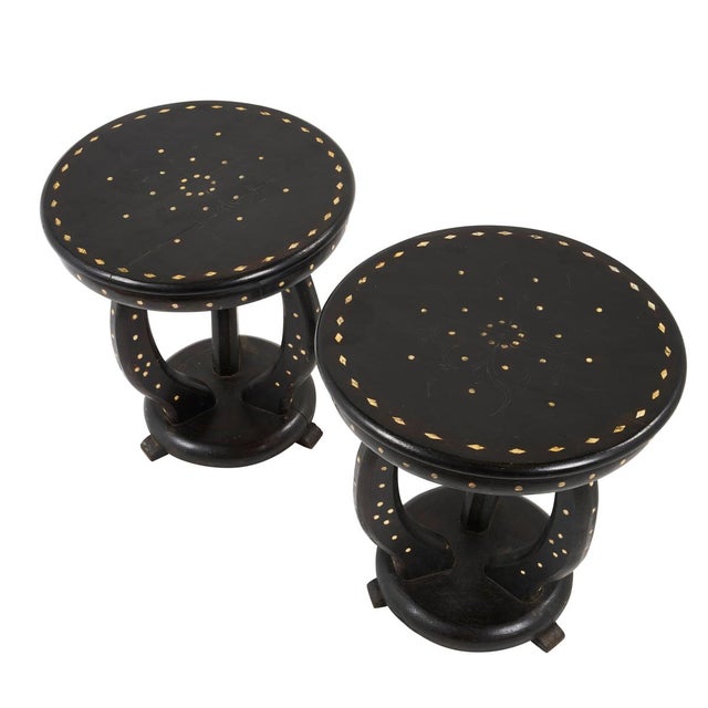 Discovered in France, these stylish Moroccan side tables are beautifully detailed with marvelous brass and bone inlays....