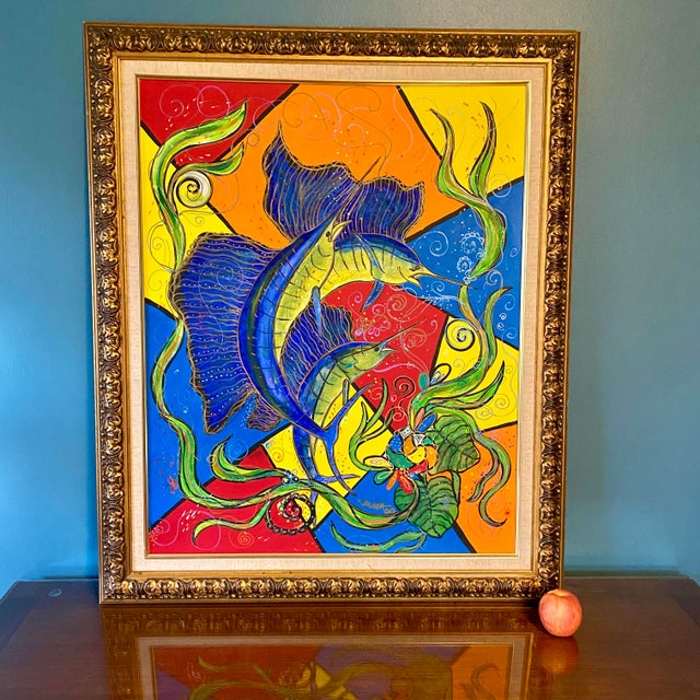 Emilio Sauma Original Expressionist Oil Painting of Sailfish, 2000 Signed For Sale - Image 9 of 16