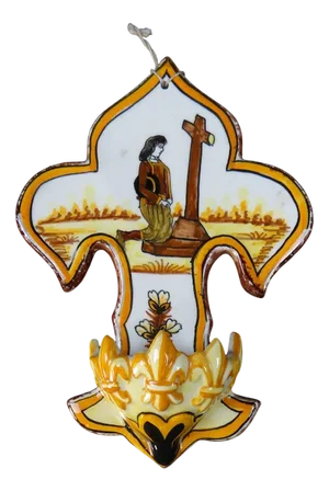 Polychrome Earthenware Holy Water Font with Fleur-de-Lis by Henriot Quimper, 1960s
