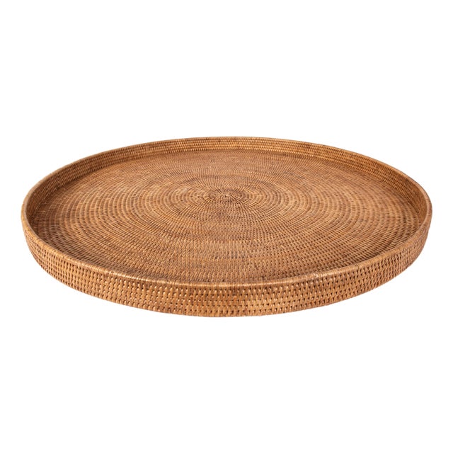 Artifacts Rattan Round Serving Ottoman Tray 32" Diameter, Honey Brown For Sale