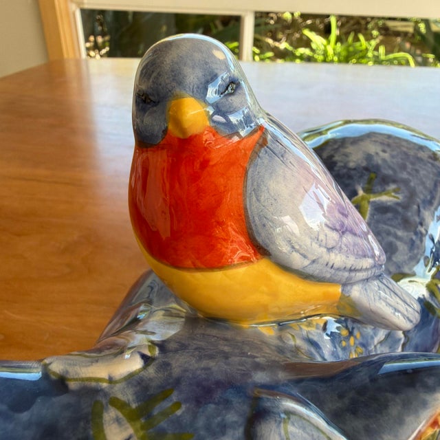 Shabby Chic Le Jardin 12" Blue Ceramic Sleeping Cat Figurine W/ Bird & Floral Design – Rare For Sale - Image 3 of 9