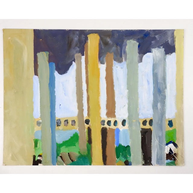 Circa late 20th century matte medium on artist board abstract street view by Marilyn Lanfear (1930-2020) Texas. Unsigned....