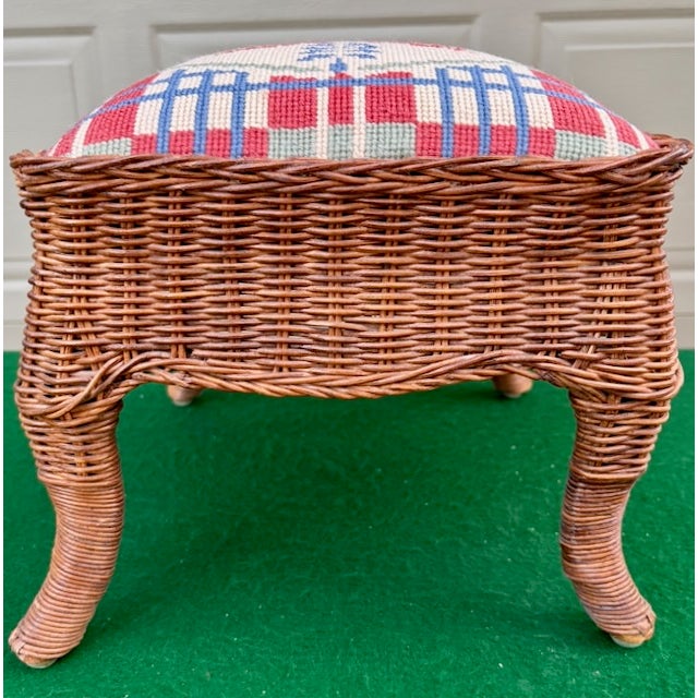 Vintage Wicker Footstool With Needlepoint Top For Sale - Image 9 of 10