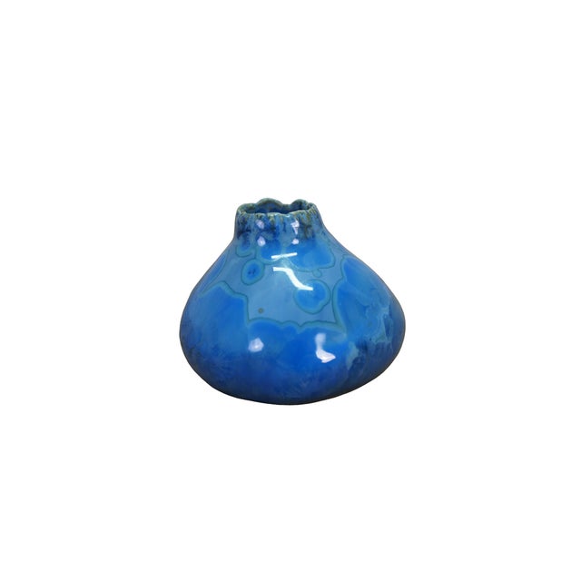 Two vintage blue glazed pinch pots / pottery bud vases. Dimensions: 2.25" x 2" (D x H)