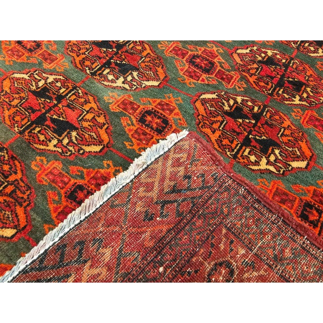 Vintage Turkmen Rug, Hand-Knotted Wool, Allover Geometric Pattern, Pistachio Green & Red, 4x8 For Sale - Image 18 of 18