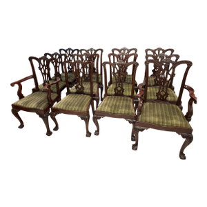 Mid 20th Century Set of 12 English Chippendale Style Mahogany Dining Chairs With Ball & Claw Feet – 2 Armchairs and 10 Side Chairs