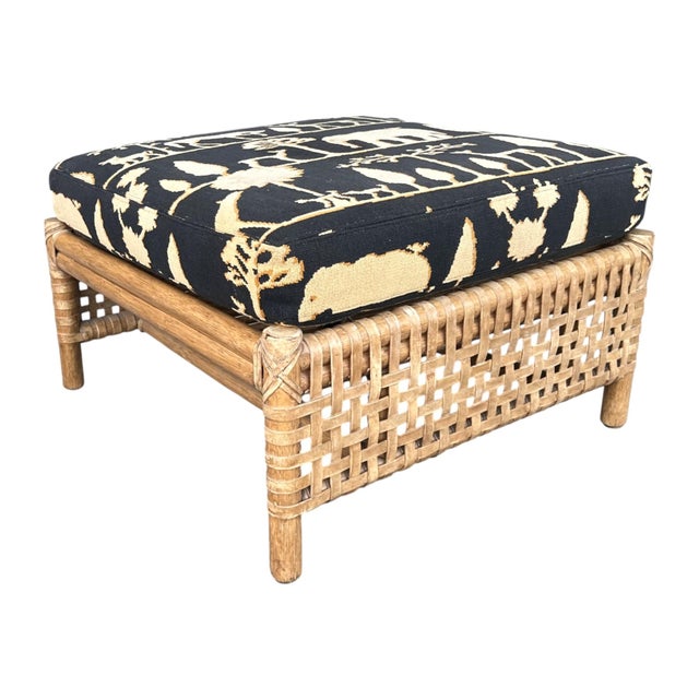 Wood 1980s McGuire Thebes Rattan‑Weave Ottoman, Natural Satin Finish, 5" Needlepoint Cushion For Sale - Image 7 of 13