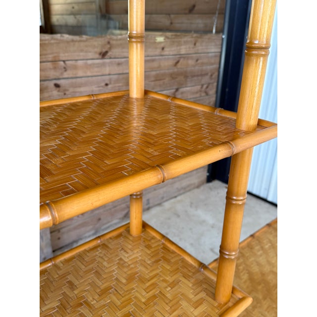 Vintage Boho Faux Bamboo Style Tiered Shelf With Rattan Parquetry Weave For Sale - Image 4 of 12