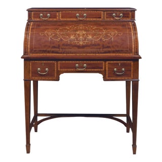 Mahogany Inlaid Cylinder Desk, 1890s For Sale