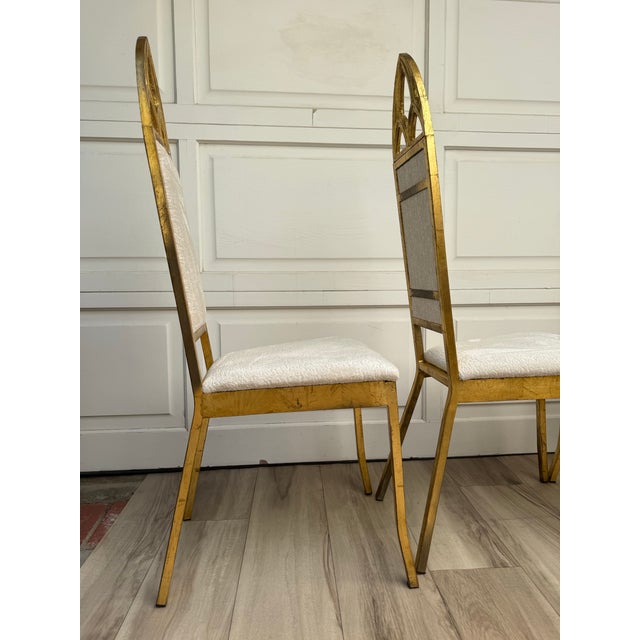 Metal Set of 4 Hollywood Regency Gothic Revival Gilt Dining Chairs in Ivory Bouclé For Sale - Image 7 of 12