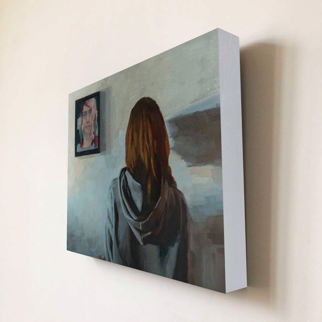Contemporary Irresolute by Shelli Langdale | Oil on gallery panel Woman viewing a portrait on the wall. For Sale - Image 3 of 4
