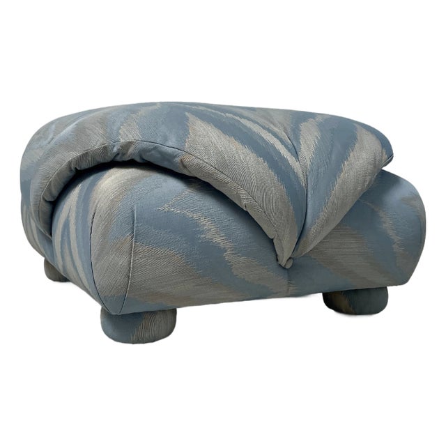 Vintage Blue Ottoman With Chevron Fabric For Sale