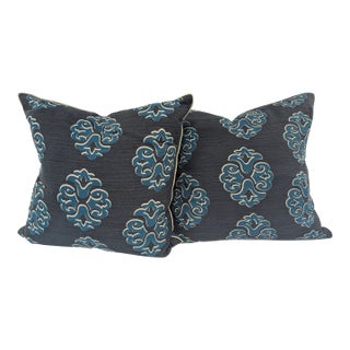 New Moon Navy Blue and Teal Medallion Printed Pillow For Sale