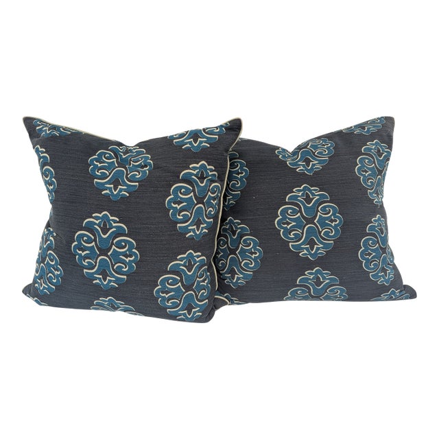 New Moon Navy Blue and Teal Medallion Printed Pillow For Sale