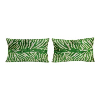 Green and Cream Ikat Silk Velvet Lumbar Pillow – Set of Two For Sale