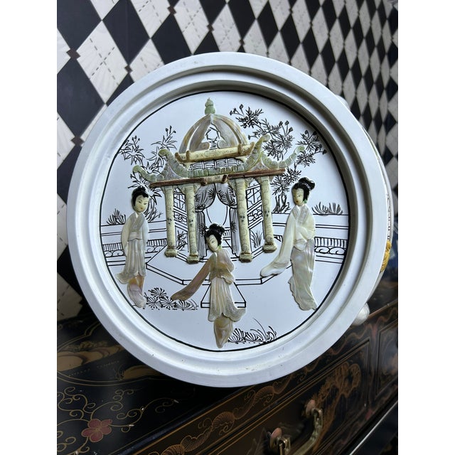 1980s Chinoiserie Mother-of-Pearl Inlaid Tall Stool or Side Table With Glass Top, 25" For Sale In Boston - Image 6 of 17