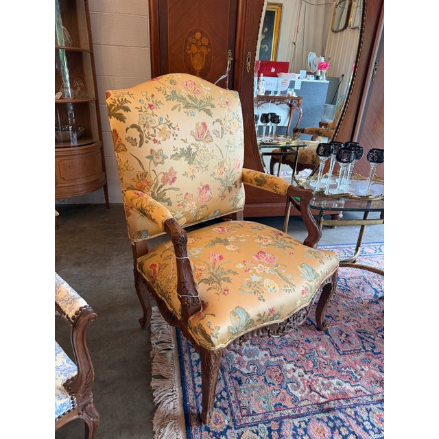 Pair of Antique French Louis XV Carved Walnut Bergère Armchairs For Sale - Image 4 of 11