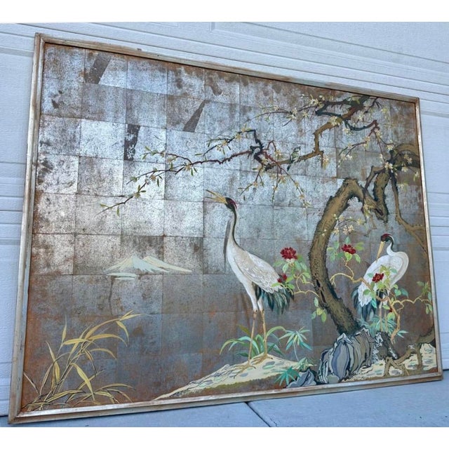 1920s Large Japanese Chinoiserie Crane Painting on Wood Panel W/ Silver, Gold, & Copper Leaf — Art Deco Framed For Sale - Image 14 of 18