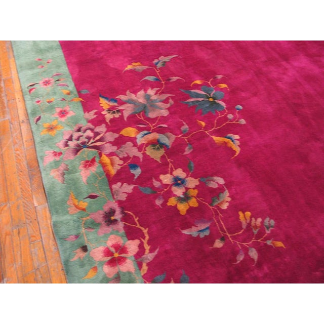 1920s Pink Floral Antique Chinese Art Deco Rug 8'9" X 11'8" Handknotted Wool Carpet For Sale - Image 4 of 5