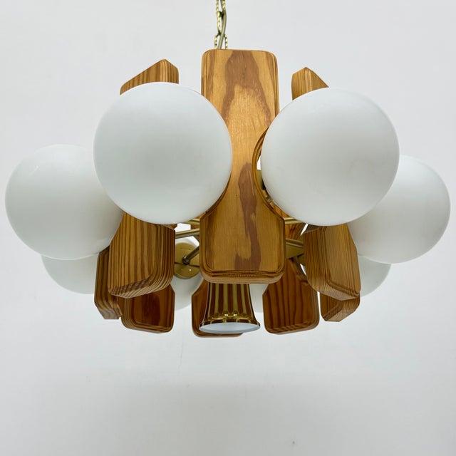 Vintage Pine Wooden Chandelier with Glass Globes, 1970s For Sale - Image 12 of 18