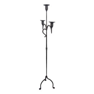 Hand Forged Iron Floor Candelabra 49″ (125cm) Antique Copper Patina 3-Arm Slim Base Candle Holder Rustic Decor For Sale