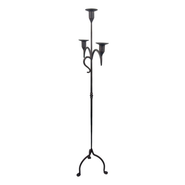 Hand Forged Iron Floor Candelabra 49″ (125cm) Antique Copper Patina 3-Arm Slim Base Candle Holder Rustic Decor For Sale